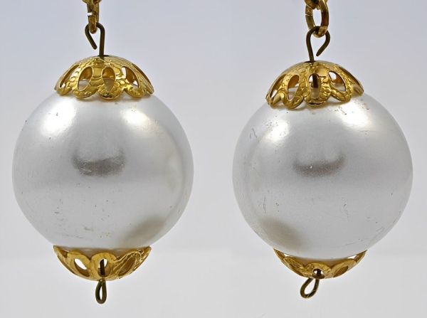 Long Gold Plated Faux White Pearl Screw Back Dangle Earrings